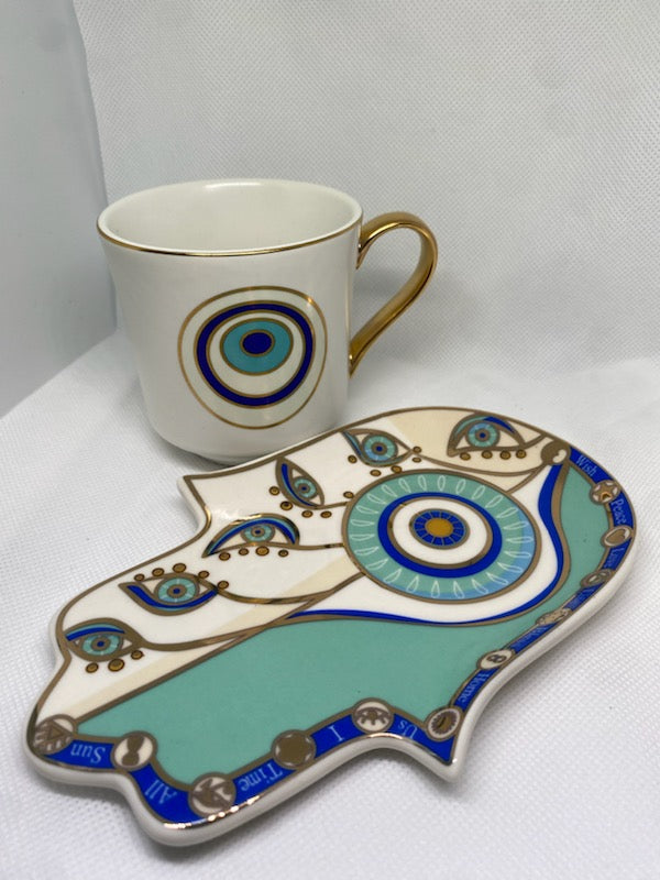 Evil Eye Tea Cup with Elaborate Hamsa Saucer