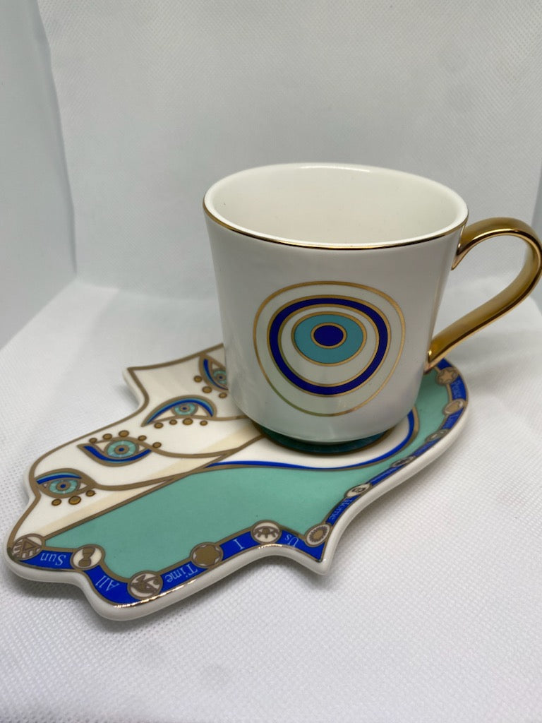 Evil Eye Tea Cup with Elaborate Hamsa Saucer