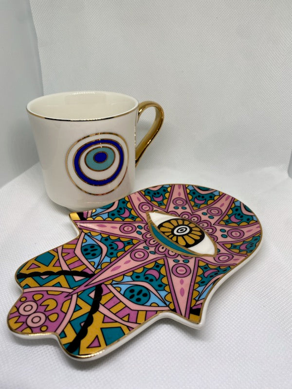 Evil Eye Tea Cup with Elaborate Hamsa Saucer
