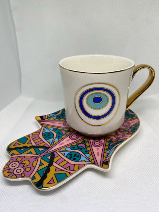 Evil Eye Tea Cup with Elaborate Hamsa Saucer
