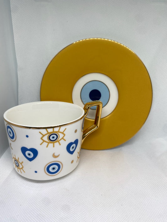 Evil Eye Tea Cup with Gold Evil eye Saucer